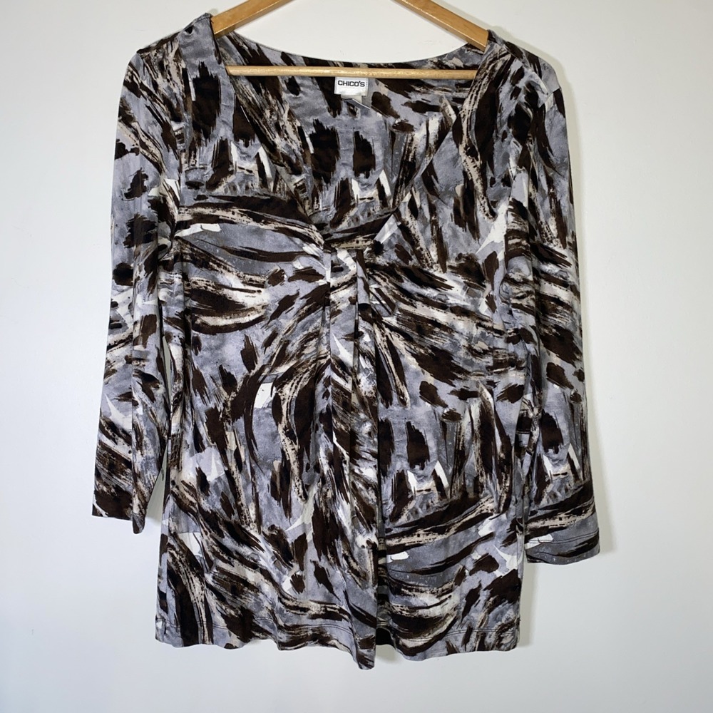 Chico's Women's Size 2 Twist Front Top Brown Gray Abstract Print 3/4‎ Sleeve